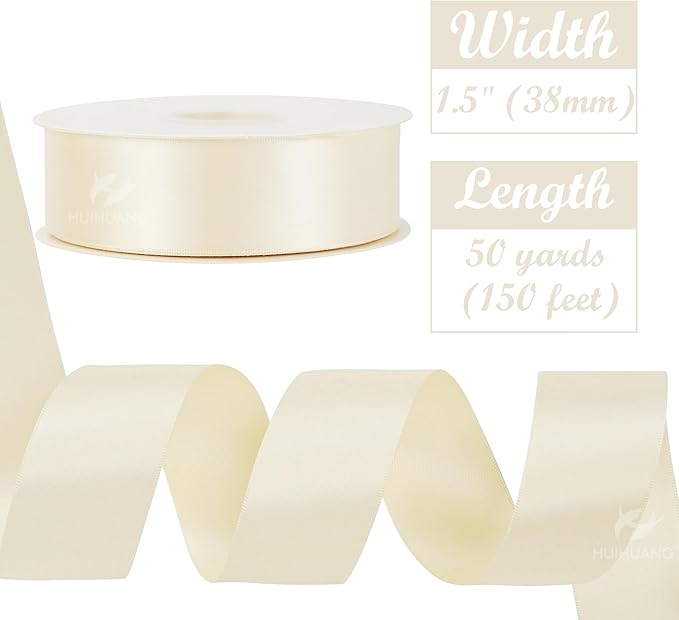HUIHUANG Ivory Satin Ribbon 1.5 inch Double Face Satin Ribbon Silk Like Cream 50 Yards Per Roll for Gift Wrapping Bows Making Floral Bouquet Wedding Invitations Decor Party Favor