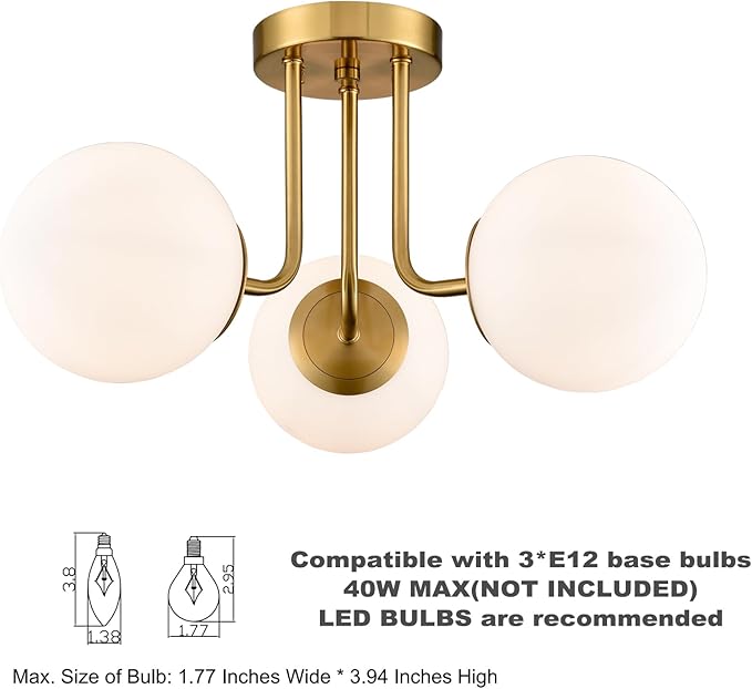 Modern Brass Gold 3-Light Ceiling Light with Globe White Glass Shade Semi Flush Mount Ceiling Light for Living Room Hallway Sputnik Chandelier Lighting Fixture