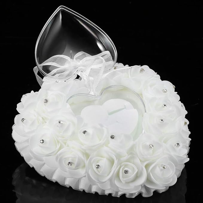 Hilitand Wedding Ring Cushion Pillow Romantic Heart Shaped Wedding Ring Box Rose Rhinestone Decorative Jewellery Boxes(White)