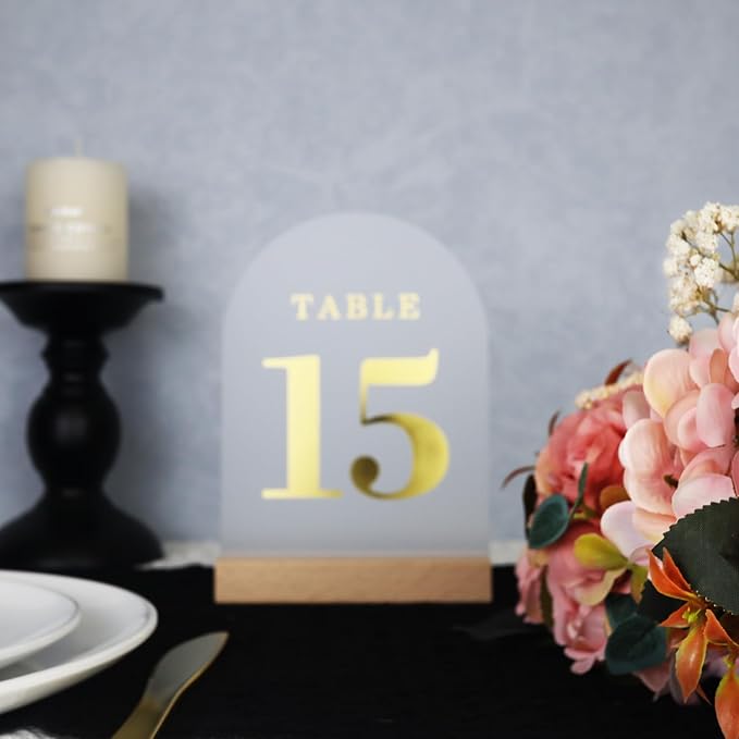 Wedding Table Numbers 1-25, Acrylic Arch Signs with Natural Wood Stands Holders, Rustic Table Decor for Reception & Parties (Frosted Gold)