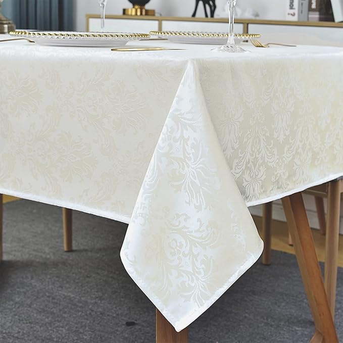 SASTYBALE Rectangle Tablecloth - 60 x 84 Inch Beige Cream Damask Table Cloth Jacquard Design Spill Proof Wrinkle Resistant Waterproof Soft Polyester Oblong Table Cover for Kitchen Parties(Ivory)
