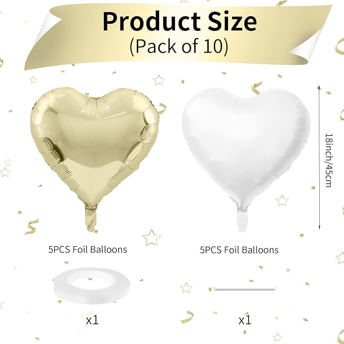 Biapian Pastel Gold Heart Balloons - 10 Pcs, 18 Inch, White Foil, Helium for Valentine's Day, Birthday, Wedding, Baby Shower Decoration