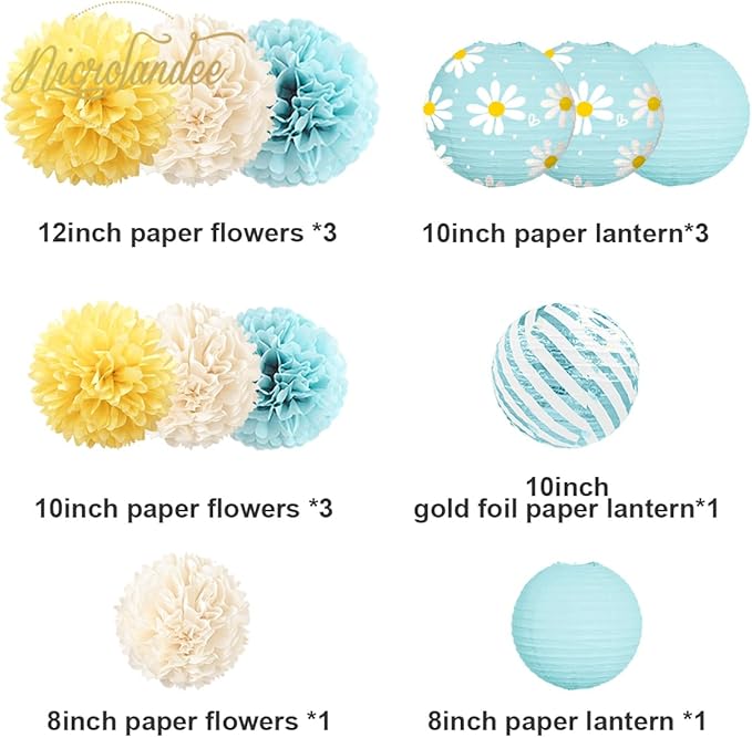 NICROLANDEE Daisy Birthday Party Decorations, 12 PCS Pastel Yellow Blue Paper Lanterns Tissue Pom Poms Decor for Mother's Day, Daisy Theme Party, Garden Wedding Decorations