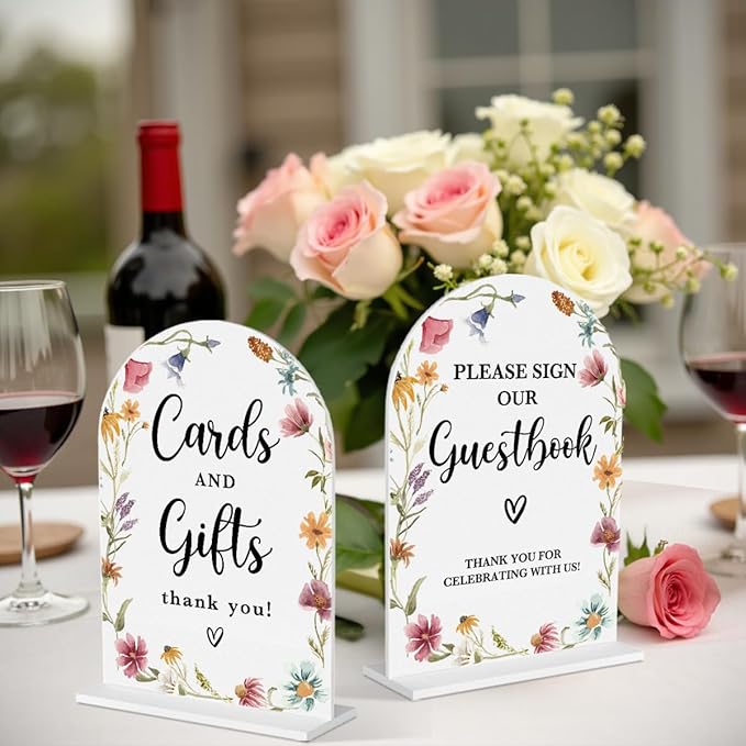 2 Pcs Acrylic Wedding Signs for Reception, Bridal Shower Decorations, Cards and Gifts Signs, Guest Book Sign, Arch Acrylic Table Top Sign with Holder for Wedding Reception (White Wildflowers)