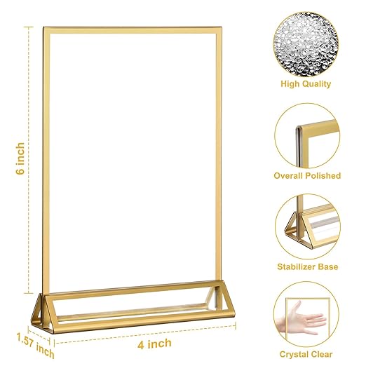 EHWINE 14 Pack 4×6 Clear Acrylic Sign Holder with Gold Borders and Vertical Stand, Double Sided Table Menu Holders Picture Frames for Wedding Table Numbers, Restaurant Signs, Photos and Art Display