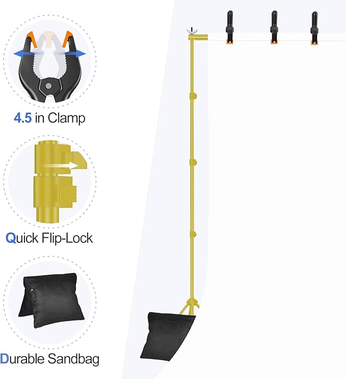 EMART Backdrop Stand 10x10ft(WxH) Photo Studio Adjustable Background Stand Support kit with 2 Crossbars, 8 Clamps, 2 Sandbags and Carry Bag for Parties, Events Decoration, Wedding -Titanium Gold