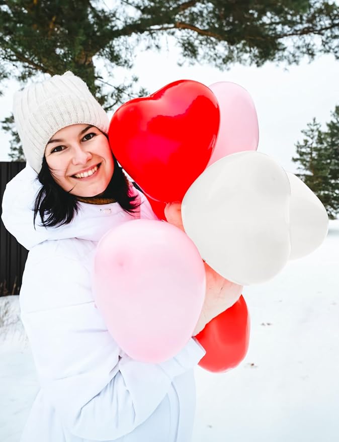 50 Pcs Heart Shaped Balloons, 12 Inch Romantic Valentine Balloons Kit, Red Pink and White Balloon for Wedding Anniversary Engagement Valentines Day Decor