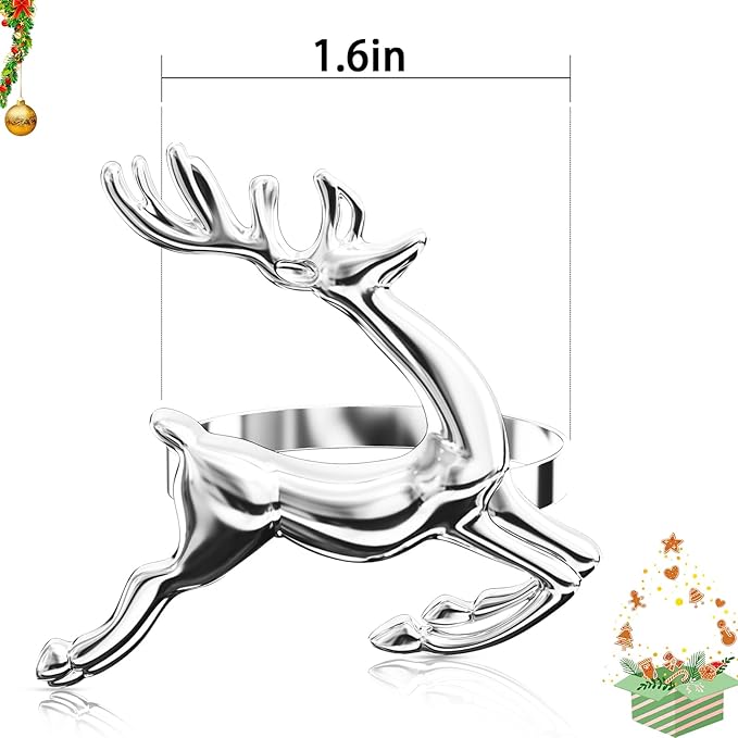 ZeeDix Silver Reindeer Christmas Napkin Rings Set of 24, Napkin Holder Ring for Christmas Dinner Table Decor Cloth Napkins, Wedding Receptions, Holiday Party, Banquet and Home Kitchen