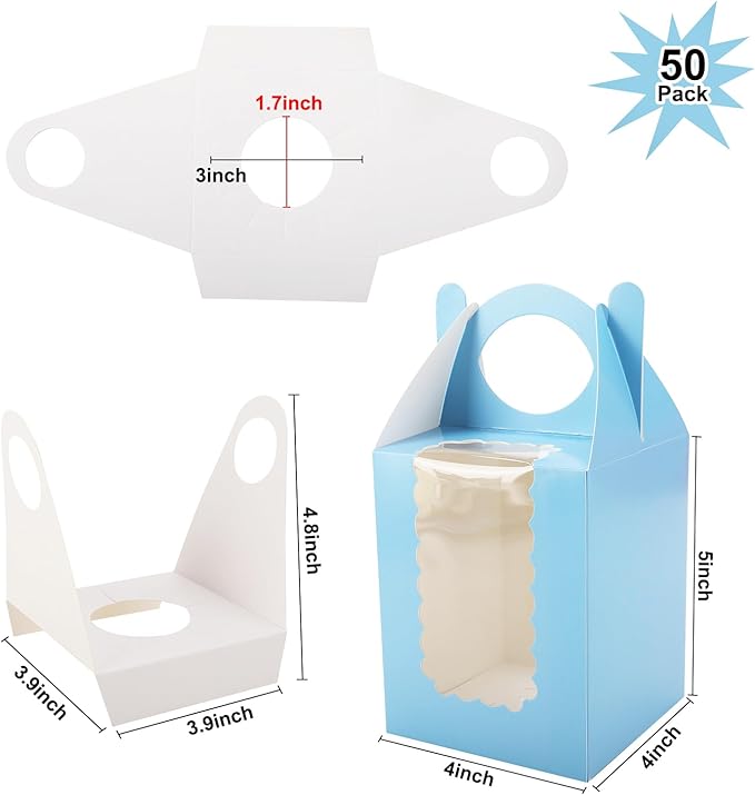 Individual Cupcake Boxes 4x4x5 Inches Disposable Pastry Tray Boxes, With Window Insert and Handle, Perfect for Parties, Birthdays, Bakery Wrapping and Events Containers (Blue-50Pack)