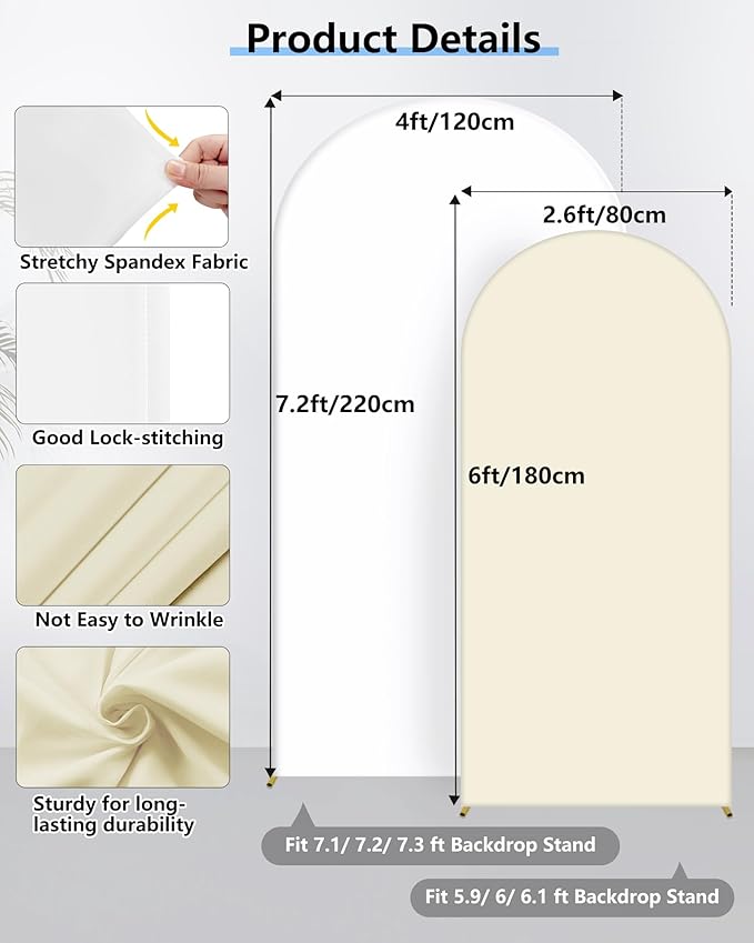 HEMMOTOP White and Light Beige Arch Backdrop Cover 7.2 ft, 6ft, Wedding Arch Covers Stretchy Backdrop 2 Set, Double Color Spandex Arched Background for Birthday Party, Baby Shower