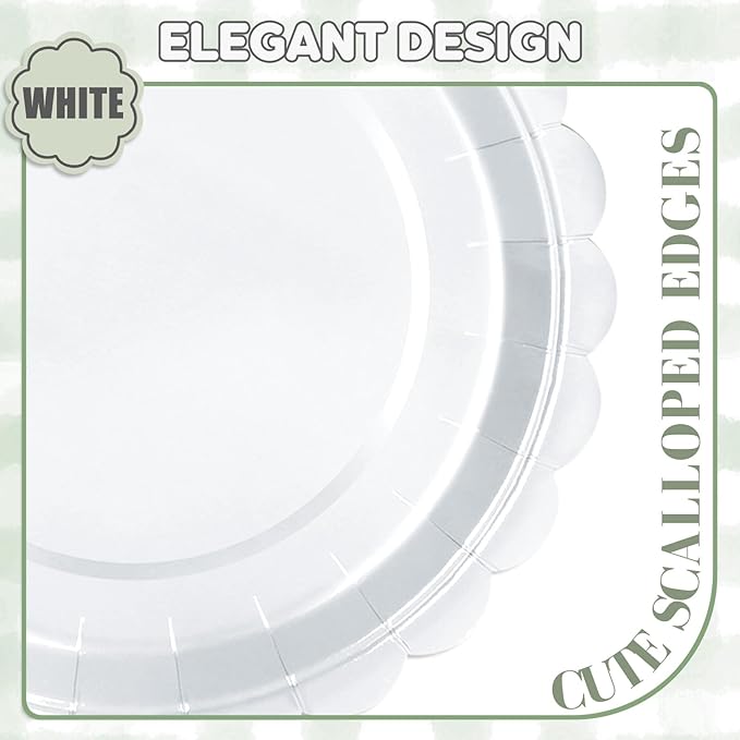 48 Pcs White Paper Plates 9 Inch Scalloped Dessert Plates - Disposable Sage Green Cake Plate - Baby Shower Birthday Party Wedding Bridal Party Supplies