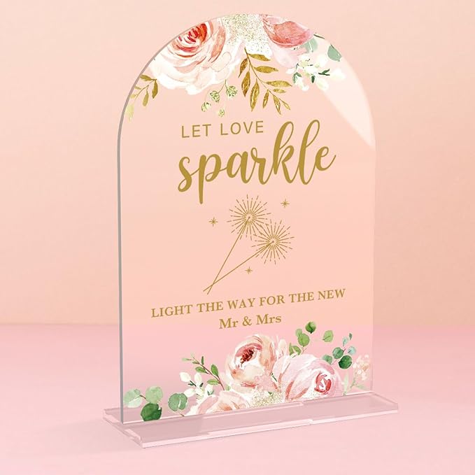 Acrylic Wedding Signs, Bridal Shower Decorations, Let Love Sparkle Sign for Reception, Modern Calligraphy Arch Acrylic Table Top Sign for Wedding Reception and Engagement Parties (Clear Pink Flowers)