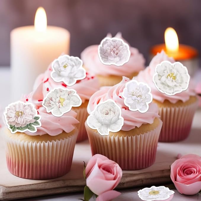 48PCS Edible Rose Flowers Cupcake Toppers Edible White Rose Flowers Cupcake Decor Wafer Paper Wedding Flowers Cupcake Picks for Flowers Theme Engagement Birthday Party Decor Supplies