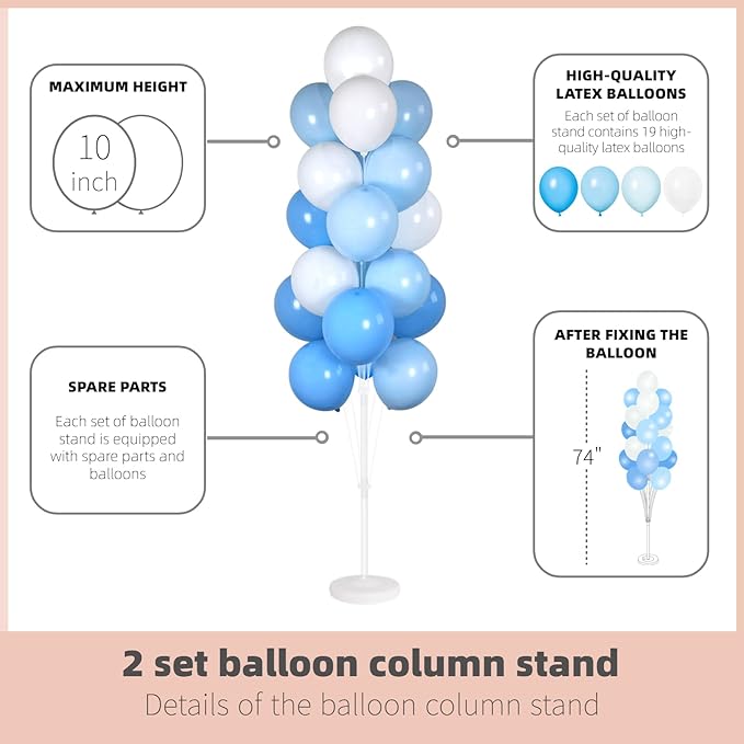 Balloon Column Kit Set of 2 With Balloons Included - with Base, and Pole,Balloon Tower Backdrop Decoration for Wedding, Baby Shower, Birthday Party, or Bachelorette Parties (Blue)
