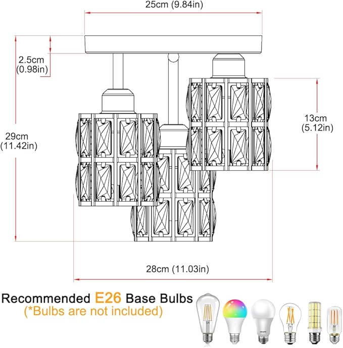 Modern Semi Flush Mount Ceiling Light, 3-Light Black Crystal Close to Ceiling Light Fixtures, Kitchen Light Fixtures with Clear Crystal Shade, Hallway Light Fixtures for Porch Bedroom Bathroom