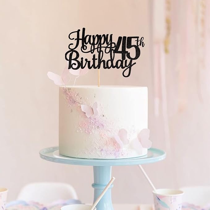 1 PCS Happy 45th Birthday Cake Topper Glitter Cheers to 45 Years Birthday Cake Pick 45 Fabulous Cake Decoration for Happy 45th Birthday Theme Party Decorations Supplies Black