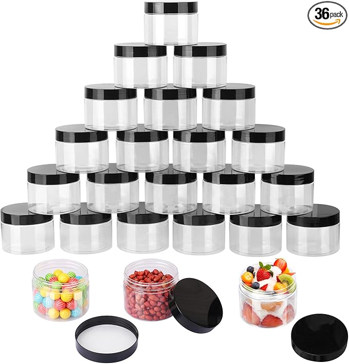 36 Packs 10 OZ Transparent Plastic Jars with black Lids, Body Butter Containers, Cosmetic Containers jars for Kitchen Ingredients, beads, sequins, Lotion, Cream, DIY Crafts and More by KUKLIPJIM.