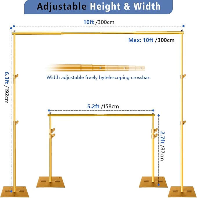 Pipe and Drape Photography Backdrop Stand Kit - Titanium Gold Adjustable Photo Background Stand 10ft x 6.5ft with Metal Base for Parties Weddings Birthday Party Events Photo Booth
