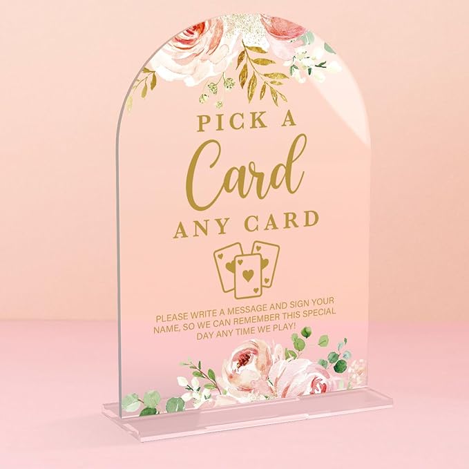 Acrylic Wedding Signs, Bridal Shower Decorations, Pick A Card Signs for Reception, Modern Calligraphy Arch Acrylic Table Top Sign for Wedding Reception and Engagement Parties (Clear Pink Flowers)