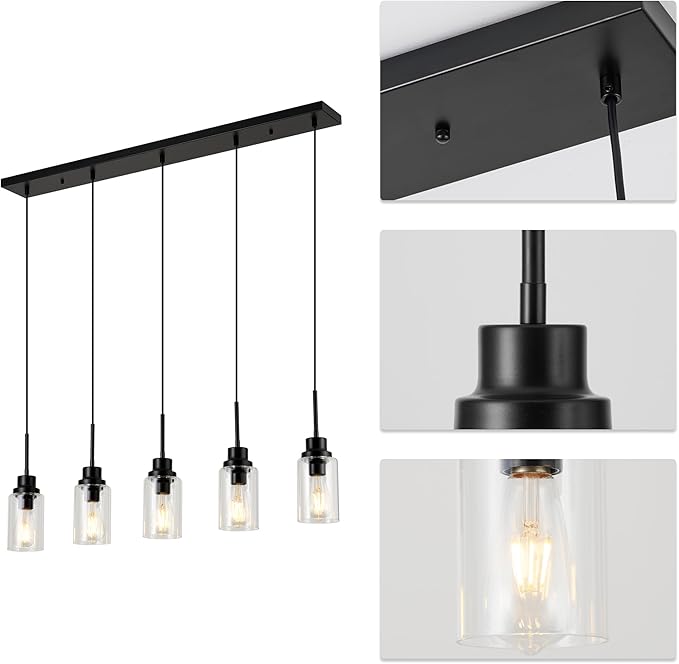 Black Dimmable Pendant Lighting for Kitchen Island, 5-Light Modern Pendant Lights for Kitchen Restaurant Living Room with Clear Glass Shade