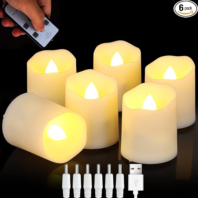 FREEPOWER Rechargeable Flameless Flickering Tea Light Candles Remote Control High Brightness Votive Candles with Cycling Timer, for Home and Holiday Decor, Pack of 6.