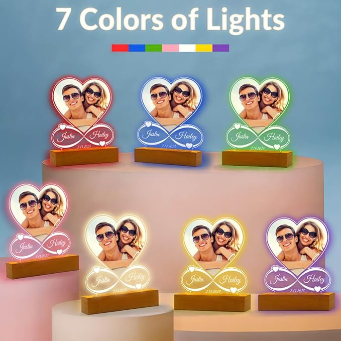 Personalized Anniversary Couple Gifts for Women & Men, Custom Picture Frames with Photo, Personalized Photo Frame with Night Light, Customized Birthday Gifts for Her Him Girlfriend Boyfriend