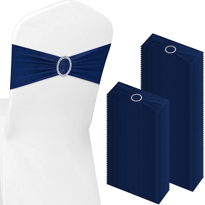 CHENGU 150 Pieces Spandex Stretch Chair Sashes Bows Elastic Chair Cover Bands Ties with Buckle Slider for Wedding Party Reception Events Universal Ceremony Banquet Decorations (Dark Blue)