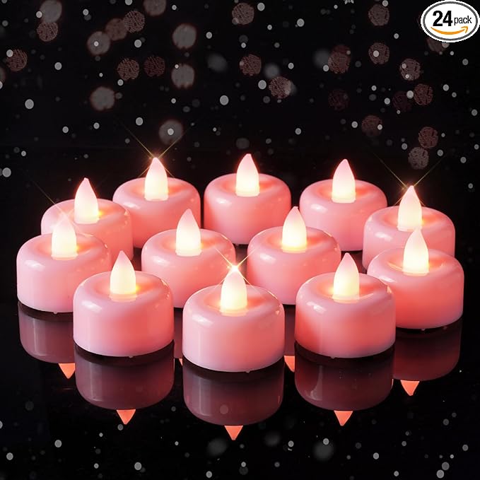Amagic 24 Pack Pink Flameless LED Tea Lights Candles Battery Operated, Electric Fake Tealight Candles for Votive, Wedding, Table Centerpiece, Theme Party, Aniversary, Proposal, Christmas, Pink Base