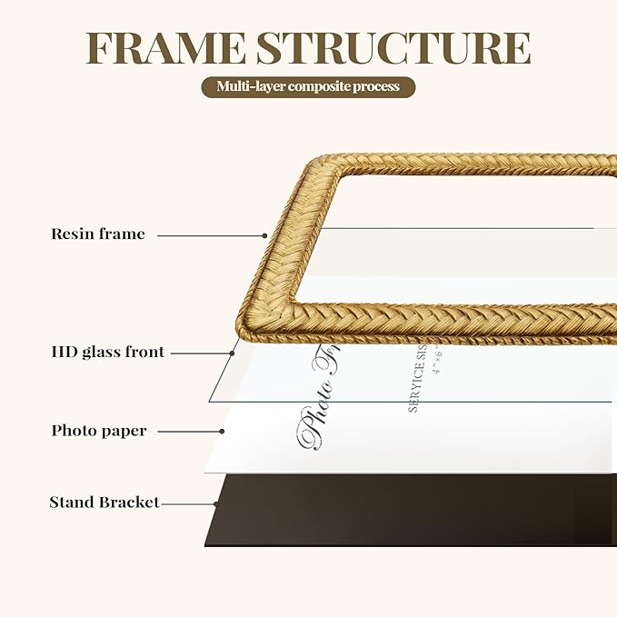 Cuspin 4x6 Gold Picture Frame, Ornate Decorative Rattan Resin Photo Frame, Gold Frames Braided Design for Tabletop Display or Wall Hanging, Elegant Home Decor
