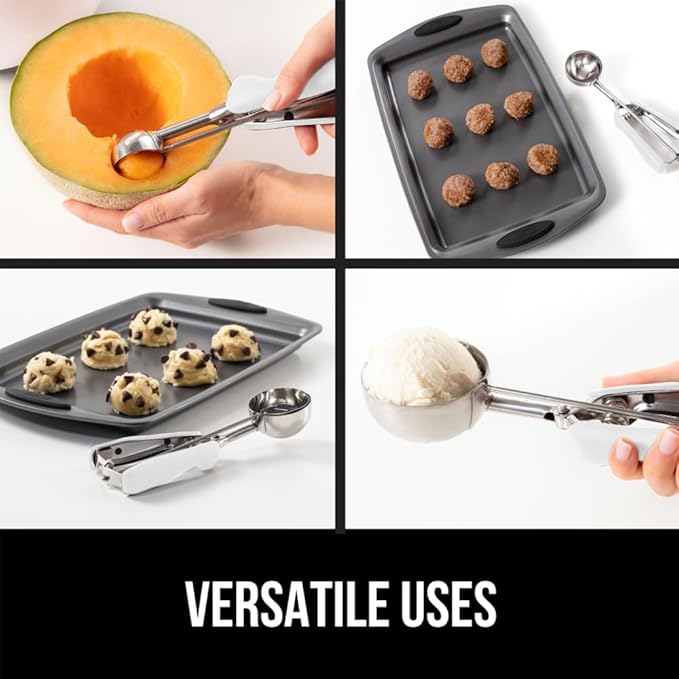 GORILLA GRIP Stainless Steel Multipurpose BPA-Free Spring Scoop, 2 TSP, Melon Ballers, Cookie Dough Scoops, Perfect Portion Sizes, Easy Squeeze and Clean Release, Scooper Size 100, White