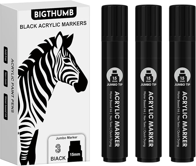 3 Pcs Black Jumbo Permanent Markers: 15mm Wide Tip Thick Acrylic Paint Pen Large Calligraphy Marker for Rock Painting, Poster, Sign, Canvas, Glass, Wood, Ceramic