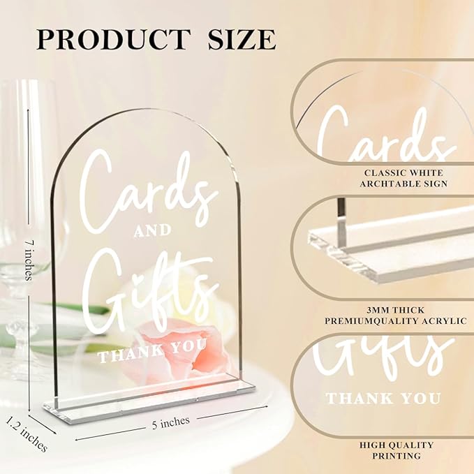 4 Pcs Acrylic Wedding Signs for Ceremony and Reception, Bridal Shower Decorations, Cards and Gifts Signs, Guest Book Sign, Arch Acrylic Table Top Sign with Holder for Wedding Reception (Clear)