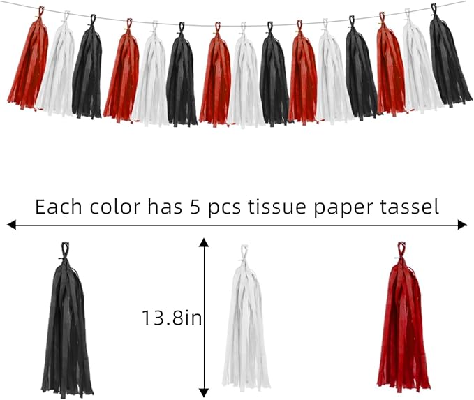 White Red Black Party Decorations - 15Pcs Tissue Paper Tassel Garland Birthday Wedding Graduation Bachelorette Hanging Decor HongTongTong