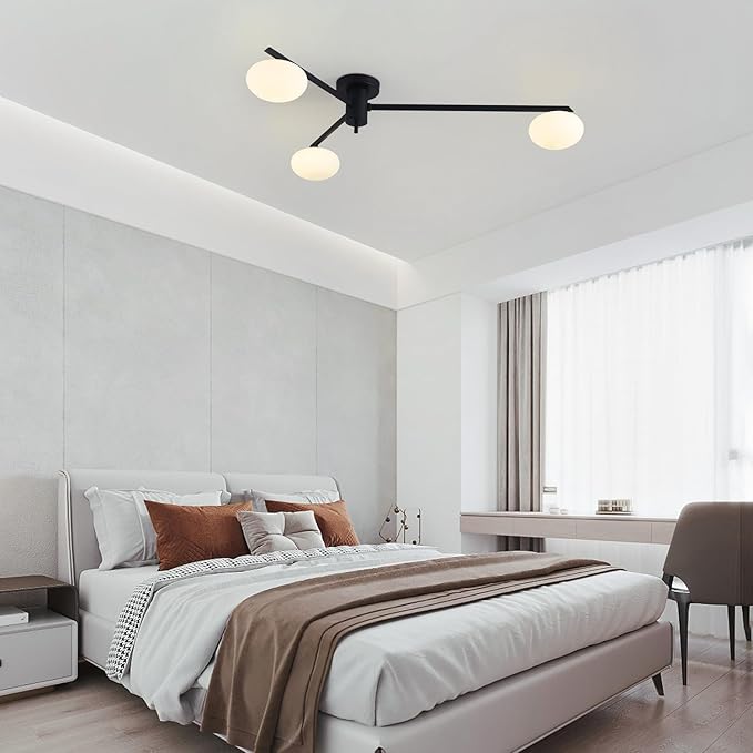 3-Light Modern Sputnik Chandelier with Milk Glass Shade - Black Flush Mount Ceiling Light for Kitchen