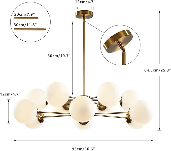 KCO Lighting 12-Light Glass Globe Sputnik Chandelier Light Fixture Mid Century Modern Chandeliers Brushed Brass Chandelier Milk White Glass Ceiling Light Fixture (Gold+White)