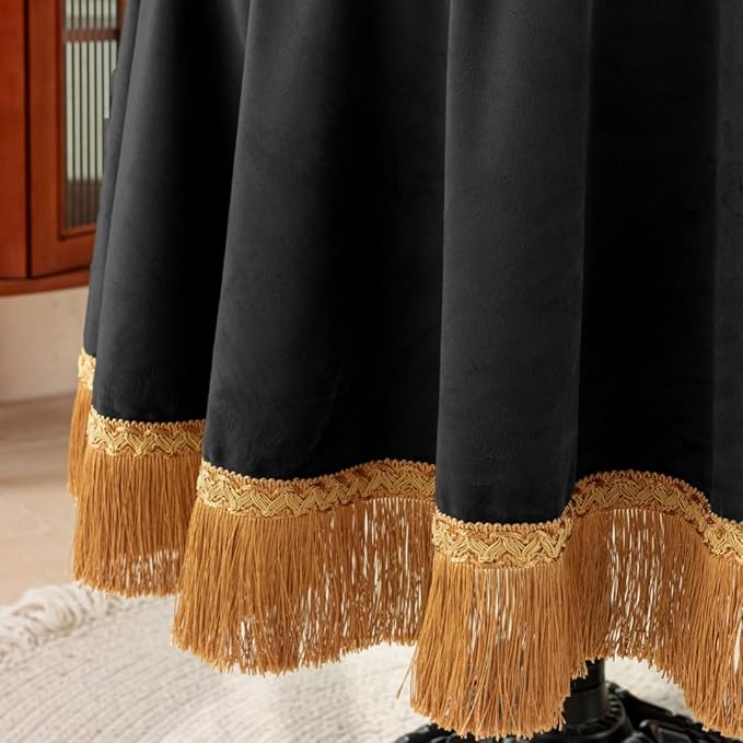 F-CHU Luxury Black Tablecloth Thickset Velvet Tablecloth with Beautiful Gold Tassels Vintage Table Cloth for Home Decor Wedding, Party, Banquet and Events 60" Round