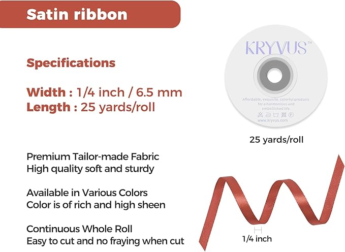 Copper Satin Ribbon 1/4 inch X Continuous 25 Yards, Single Face Polyester Ribbon Perfect for Gift Wrapping, Flower Bouquet, Wedding Decor, Crafts, Bow Making, Sewing and More