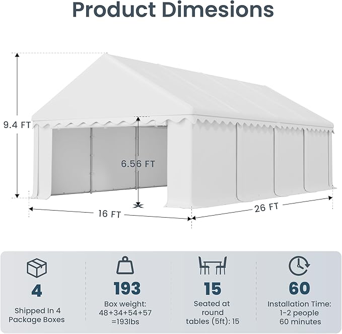 PHI VILLA 26'x16' Outdoor Heavy Duty Party Tent Large Commercial Canopy Wedding Event Shelter with Removable and Opaque Sidewalls for Patio Outdoor Garden Events, White