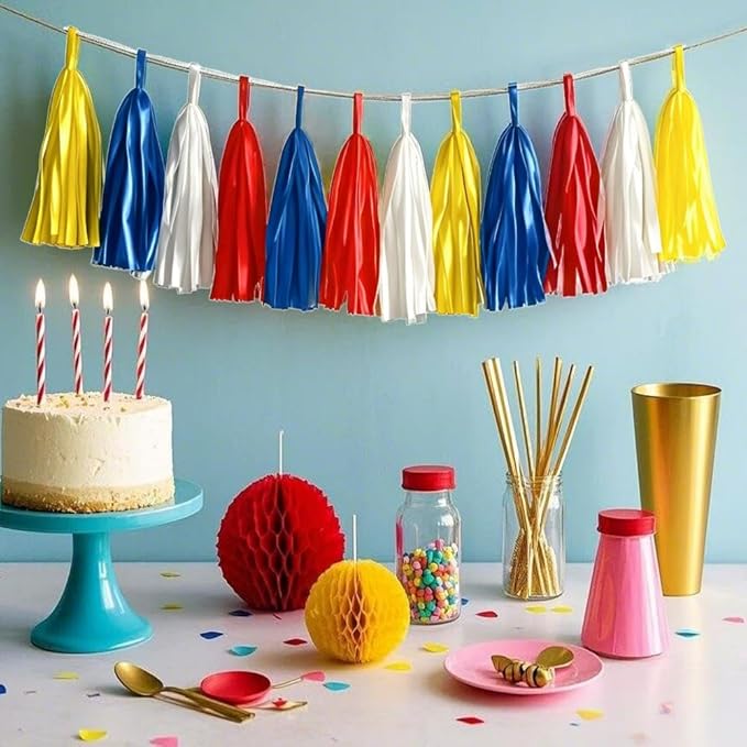 Tissue Paper Tassel Garland Banner, 20 Pack, Red Blue Yellow White, Party Decorations for Birthday, Baby Shower
