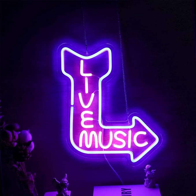 Live Music Neon Signs for Wall Decor LED Word Light Sign Pink Blue Neon Light Up Letters Sign for Bedroom Music Studio Rec Room Game Party Decor