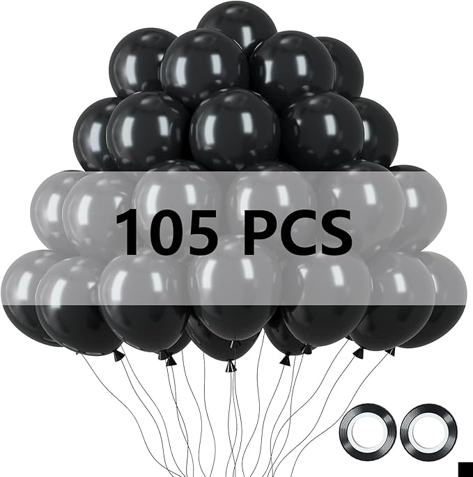 12 Inch Black Balloons, 105 Pcs Party Latex Balloons for Birthday Party, Graduation, Wedding Decorations Supplies (Black)