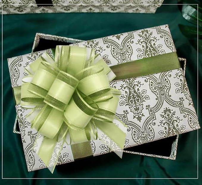6 Count Large Pull Bows, 6 inches, Organza, Modern, Christmas, Wedding, Valentine's Day, Bean Green, Solid