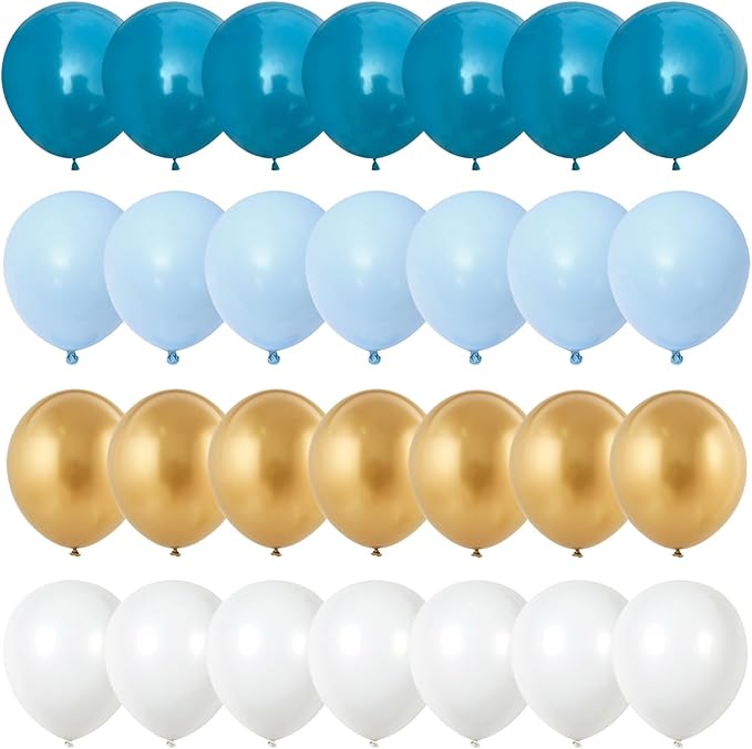Teal Blue Gold Balloons, 12 Inch Retro Turquoise Aqua Blue Pastel Blue Metallic Gold White Latex Balloons, Teal Balloons Set for Boys Christening Birthday Baby Bridal Shower Wedding Party Decorations