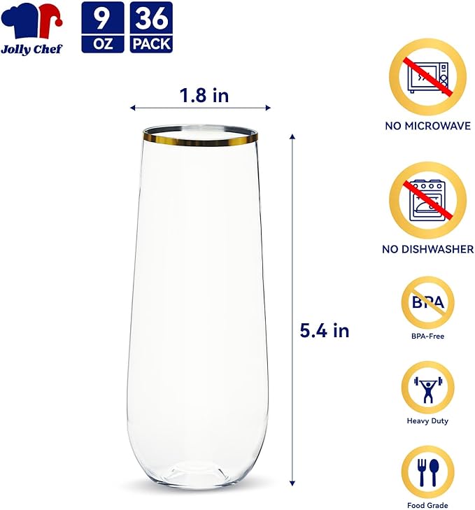 JOLLY CHEF 36 Pack 9 Oz Plastic Champagne Flutes, Gold Stemless Plastic Toasting Glasses| Shatterproof | Heavy Duty | Plastic Disposable Unbreakable Drinkware for Wedding, Birthday, Party