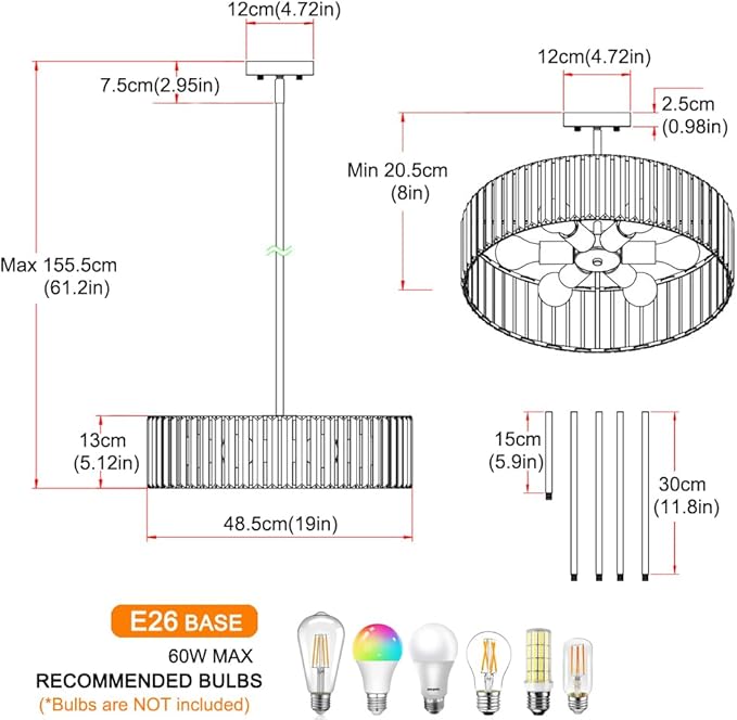Modern Crystal Chandelier, 6-light Dinning Room Light Fixture, Round Pendant Light Kitchen Island, Black Hallway Light Fixture, Semi Flush Mount Ceiling for Living Room Entryway Bedroom Foyer, E26