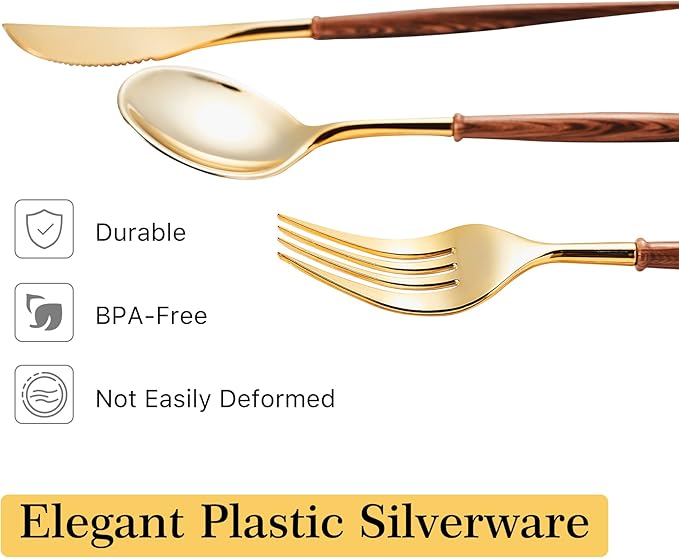 Lullaby 120PCS Gold Plastic Silverware, Gold Disposable Cutlery with Wood Grain Handle Include 40 Forks, 40 Spoons, 40 Knives, Elegant Disposable Silverware for Wedding, Party, Gathering, Daily Use