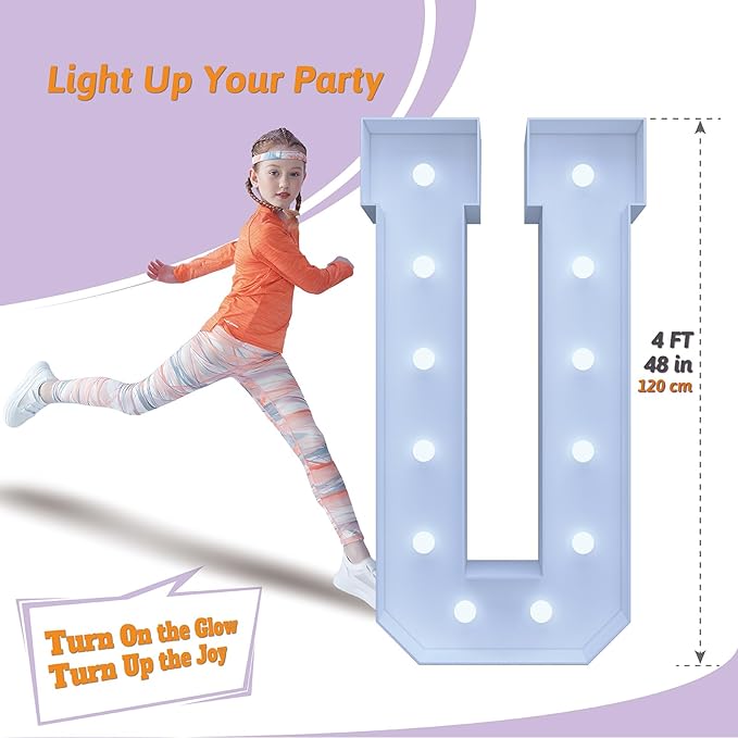 4FT Marquee Light Up Letters U – Cool White LED, Easy to Assemble Foam Board with Back Support, Large Marquee Light Up Letters for Birthday, Wedding, Party, Anniversary, Baby Shower Decor