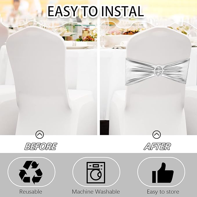 CHENGU 150 Pieces Spandex Stretch Chair Sashes Bows Elastic Chair Cover Bands Ties with Buckle Slider for Wedding Party Reception Events Universal Ceremony Banquet Decorations (Silver)
