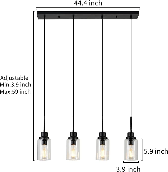 4-Lights Pendant Lighting for Kitchen Island in Black, Ceiling Light Fixtures with Adjustable Hanging Wire & Clear Glass Shades