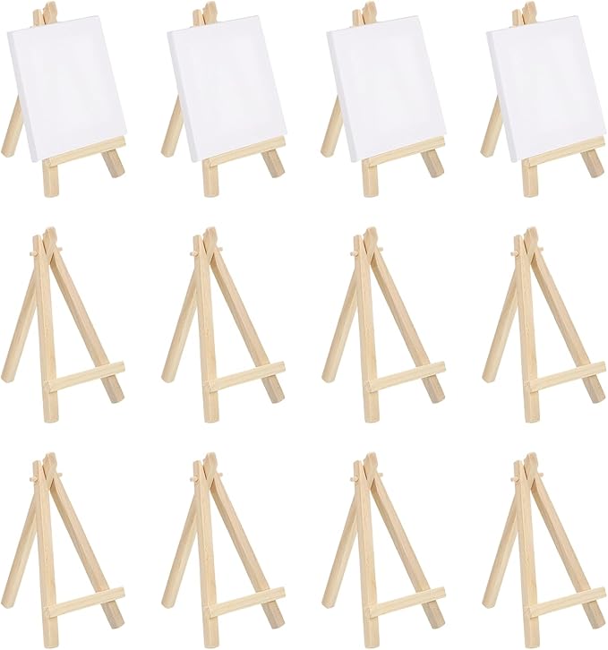 MECCANIXITY Mini Wood Display Easels, 4.9"x2.8"A-Frame Painting Tabletop Easels Holder Stand for Artists Beginners Displaying Small Canvases Art Photos Business Cards(Pack of 12, Wood Color)